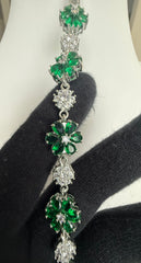 Emerald Green Floral Crystal Link Bracelet – Silver Tone Flower Statement Jewelry 7137