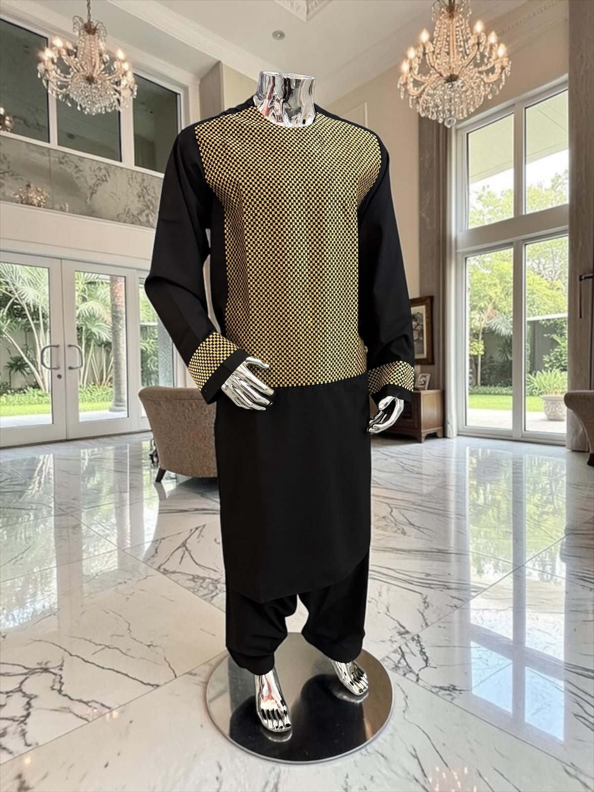 X-Large Afghan Parahan Tunban Kameese Shalwar Black Gold Machine Embroidery