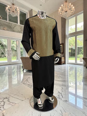 X-Large Afghan Parahan Tunban Kameese Shalwar Black Gold Machine Embroidery