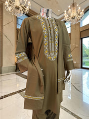 Large Olive Green Afghan Parahan Tunban Set with Traditional Hand Embroidery & Matching Scarf