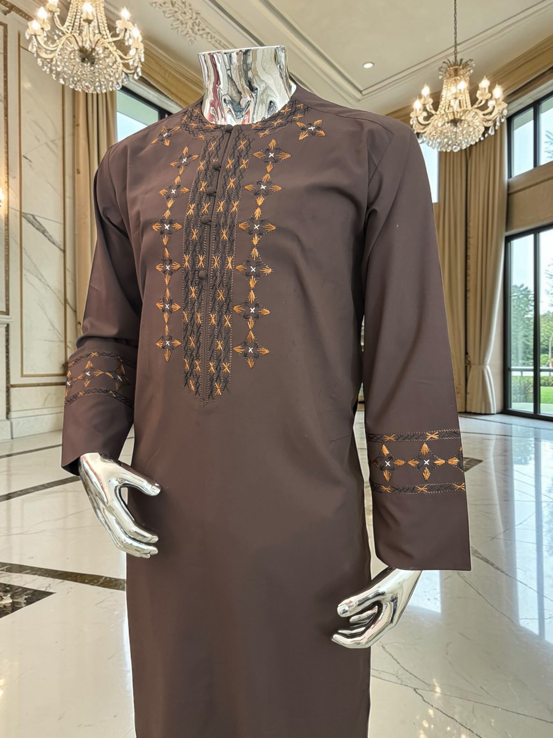 Men’s Chocolate Brown Embroidered Afghan Parahan Tunban 3-Piece Set with Shawl | Small–X-Large