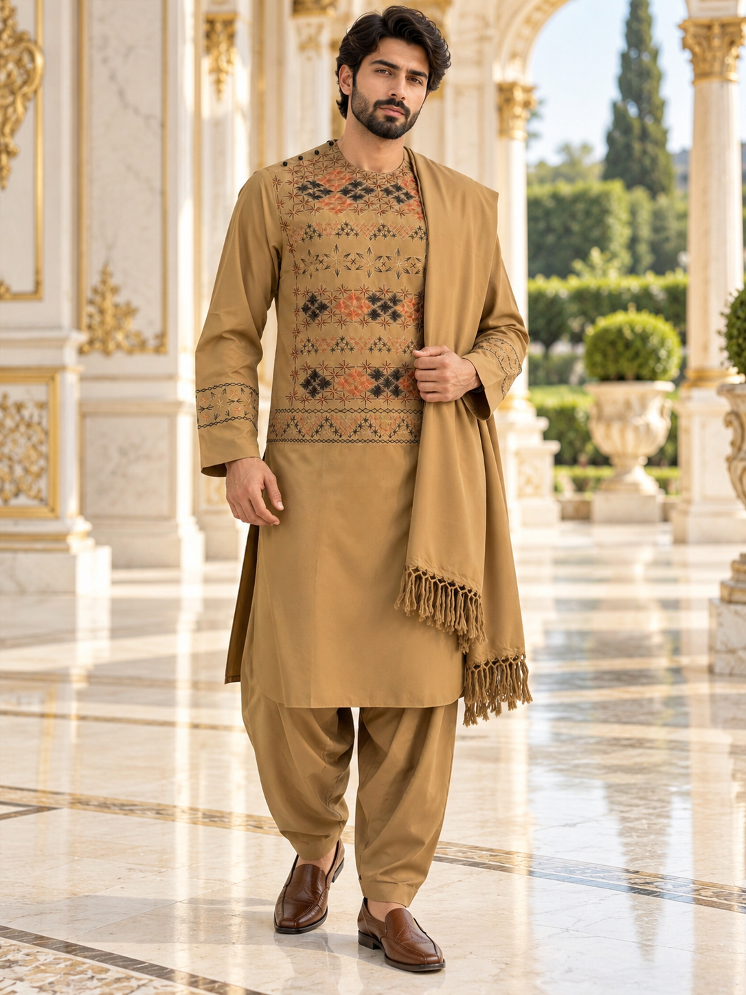 Hand Embroidered Camel Tan Afghan Parahan Tunban with Matching Shawl 5024