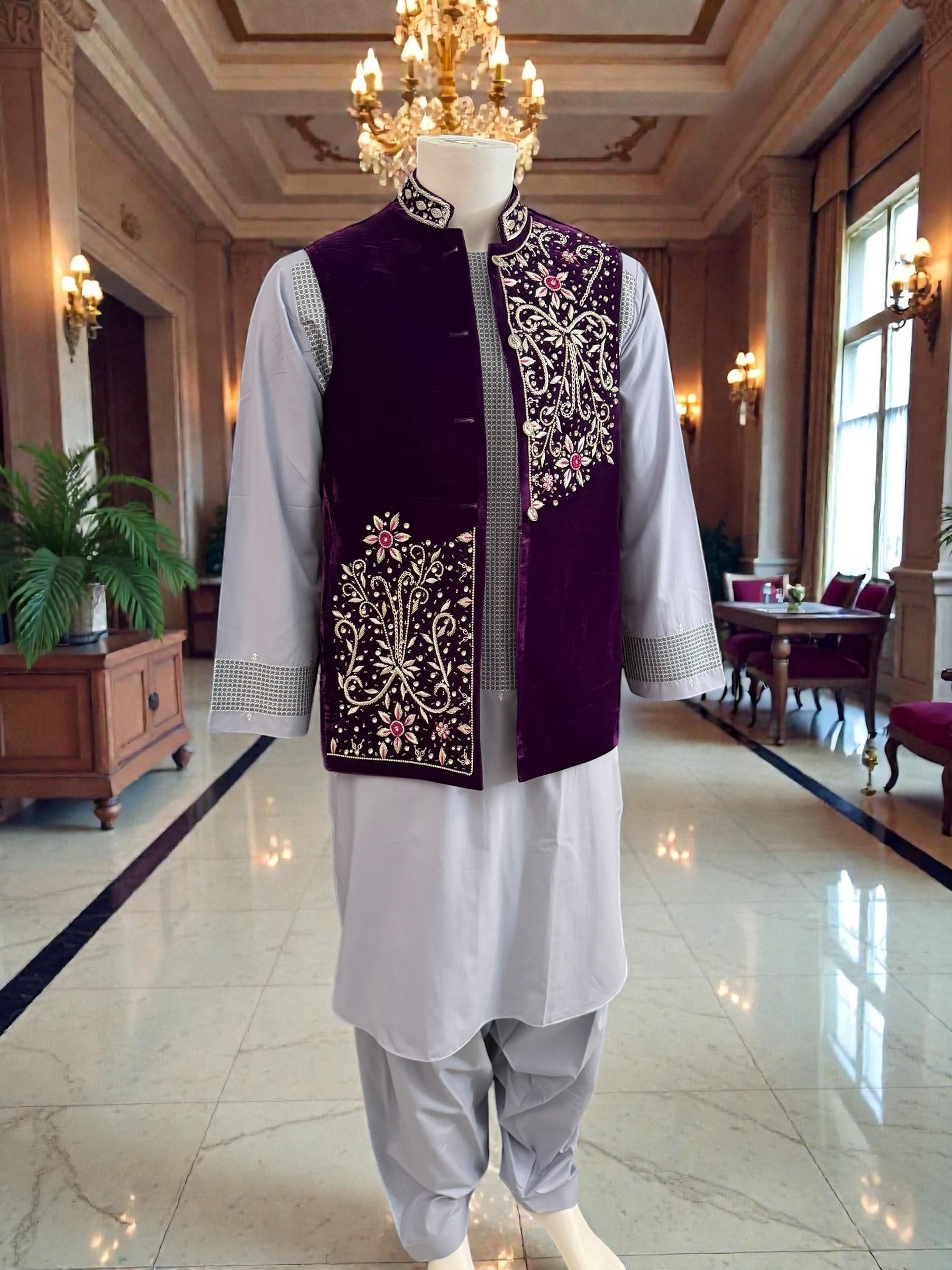 Medium Purple Velvet Men’s Waistcoat – Hand-Embroidered Zari, Dabka & Stonework Medium