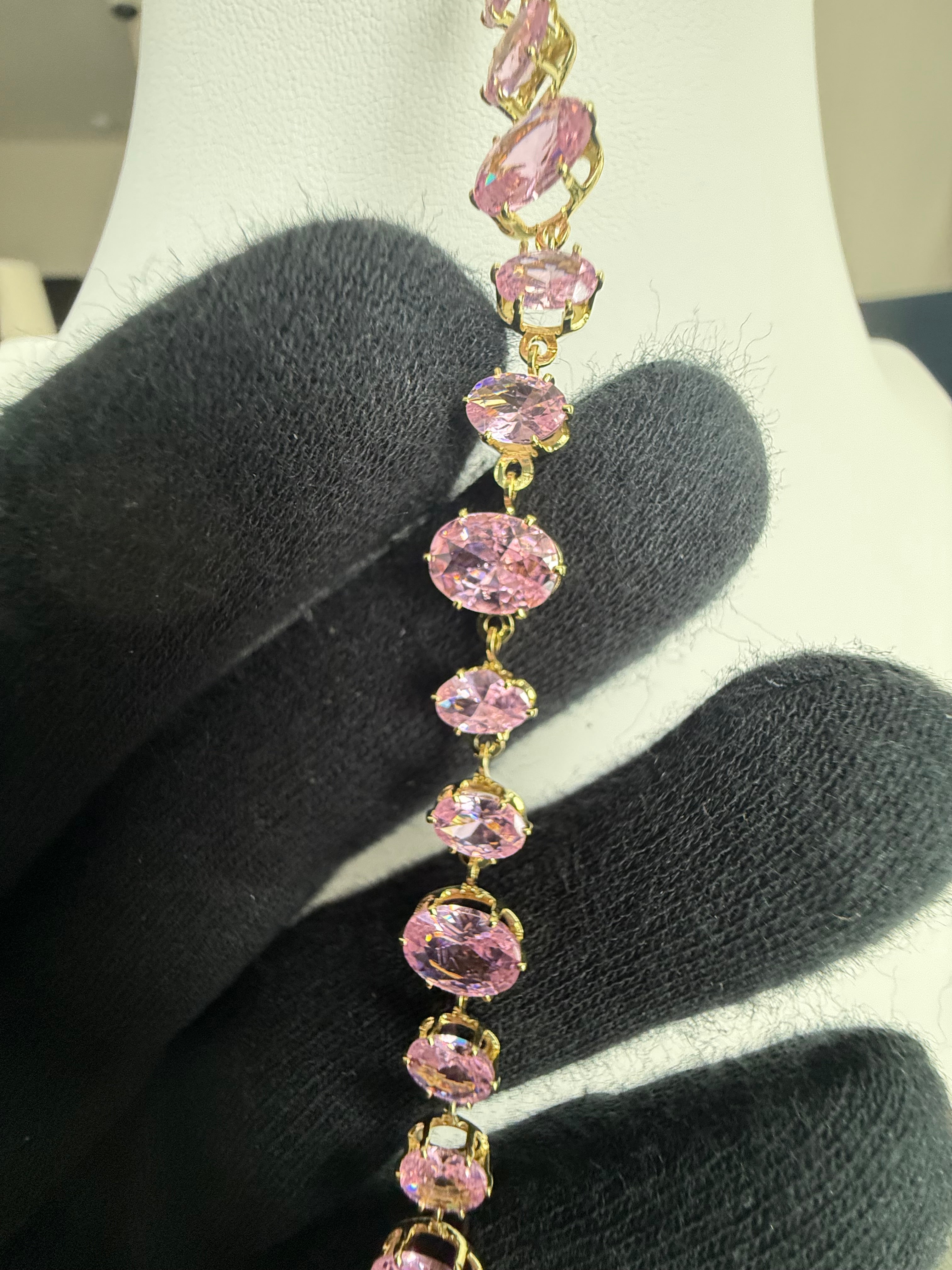 Pink Oval-Cut Crystal Tennis Bracelet – Gold Tone Adjustable Statement Bracelet 7142
