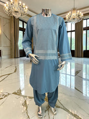 Medium Steel Blue Embroidered Men’s Parahan Tunban Yakhandozi – Premium Traditional Suit