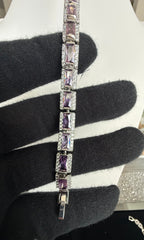 Lavender Emerald-Cut Crystal Halo Bracelet – Silver Tone Statement Jewelry 7089
