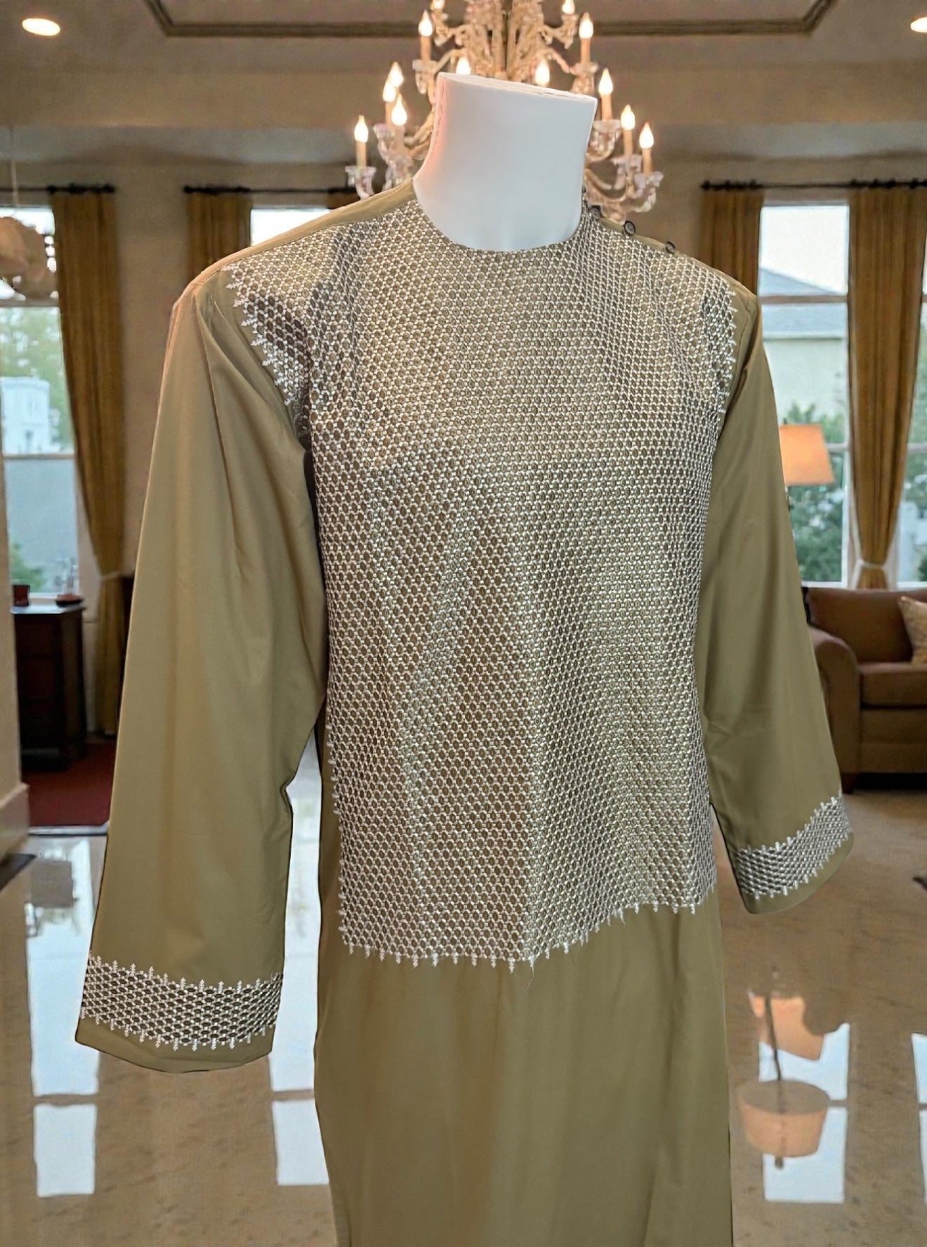 Medium Khaki Green Afghan Parahan Tunban for Men with Machine Embroidery