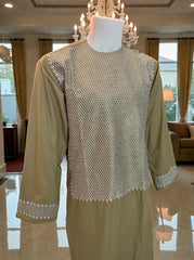 Medium Khaki Green Afghan Parahan Tunban for Men with Machine Embroidery