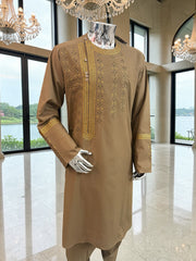 Medium Afghan Parahan Tunban Kameese Shalwar Brown Hand Embroidery