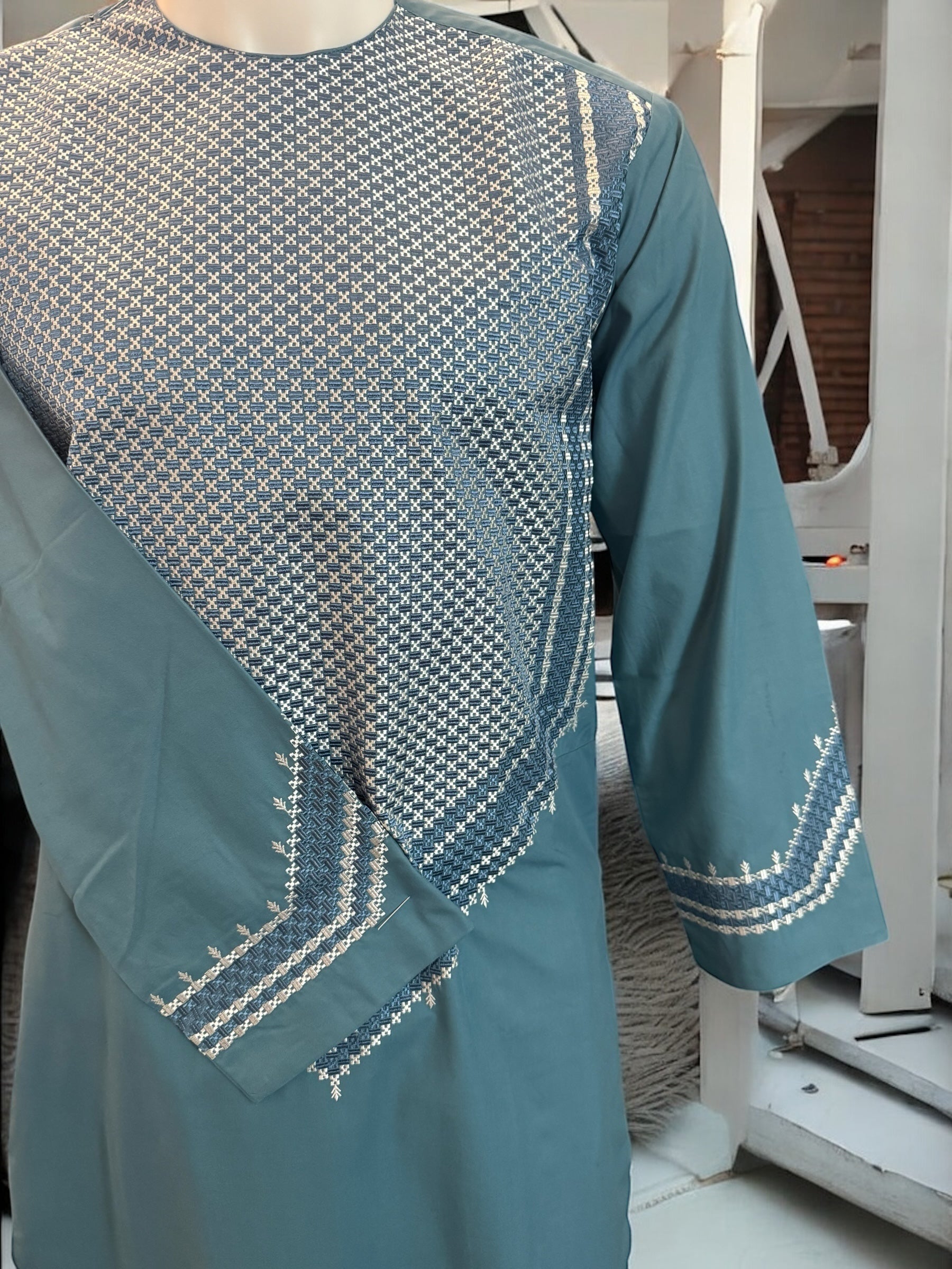 X-Small Afghan Parahan Tunban for Men with Machine Khamakdozi Embroidery – Teal Blue