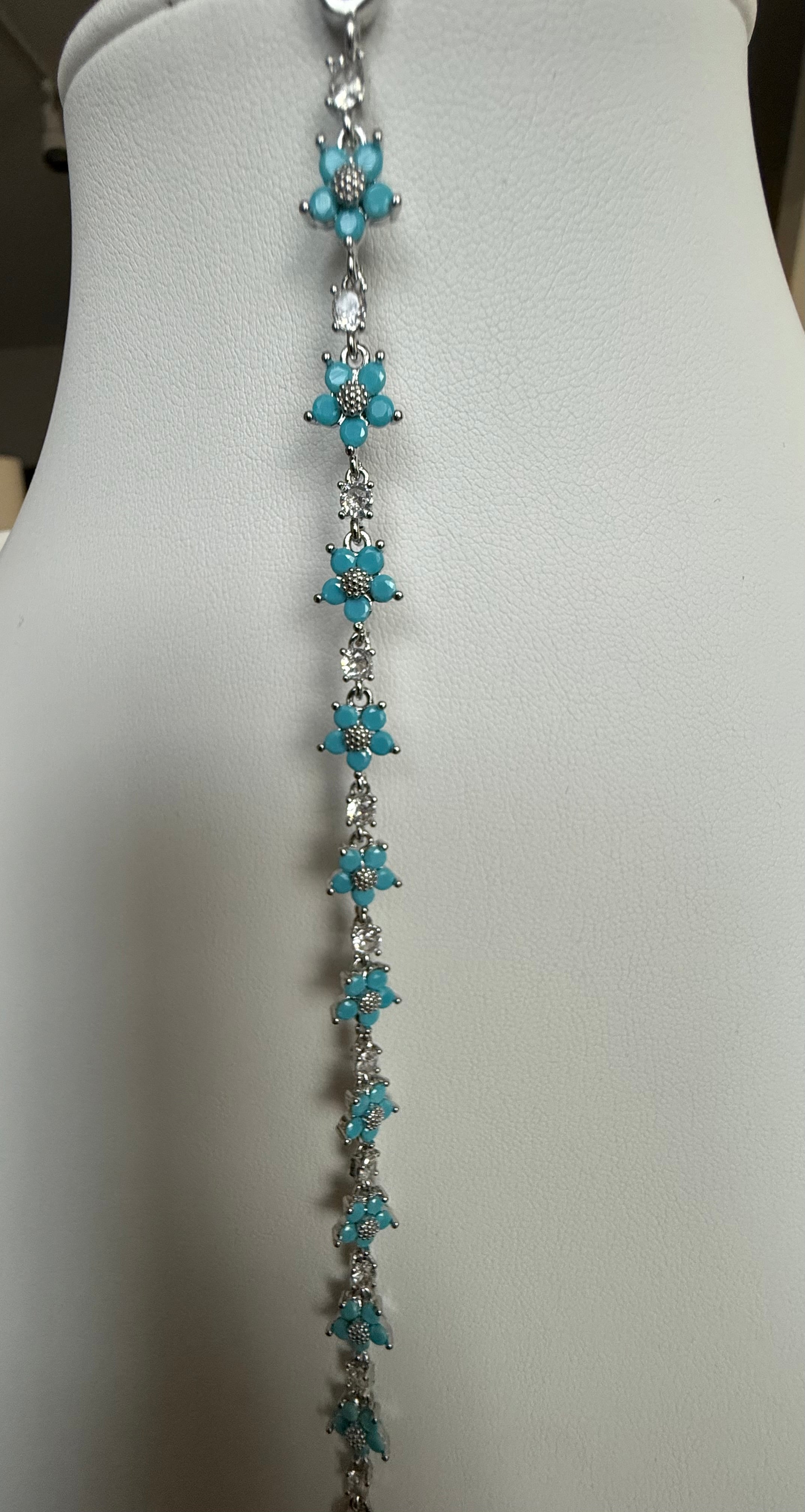 Turquoise Blue Floral Crystal Bracelet – Silver-Tone Daisy Flower Link Bracelet 7119