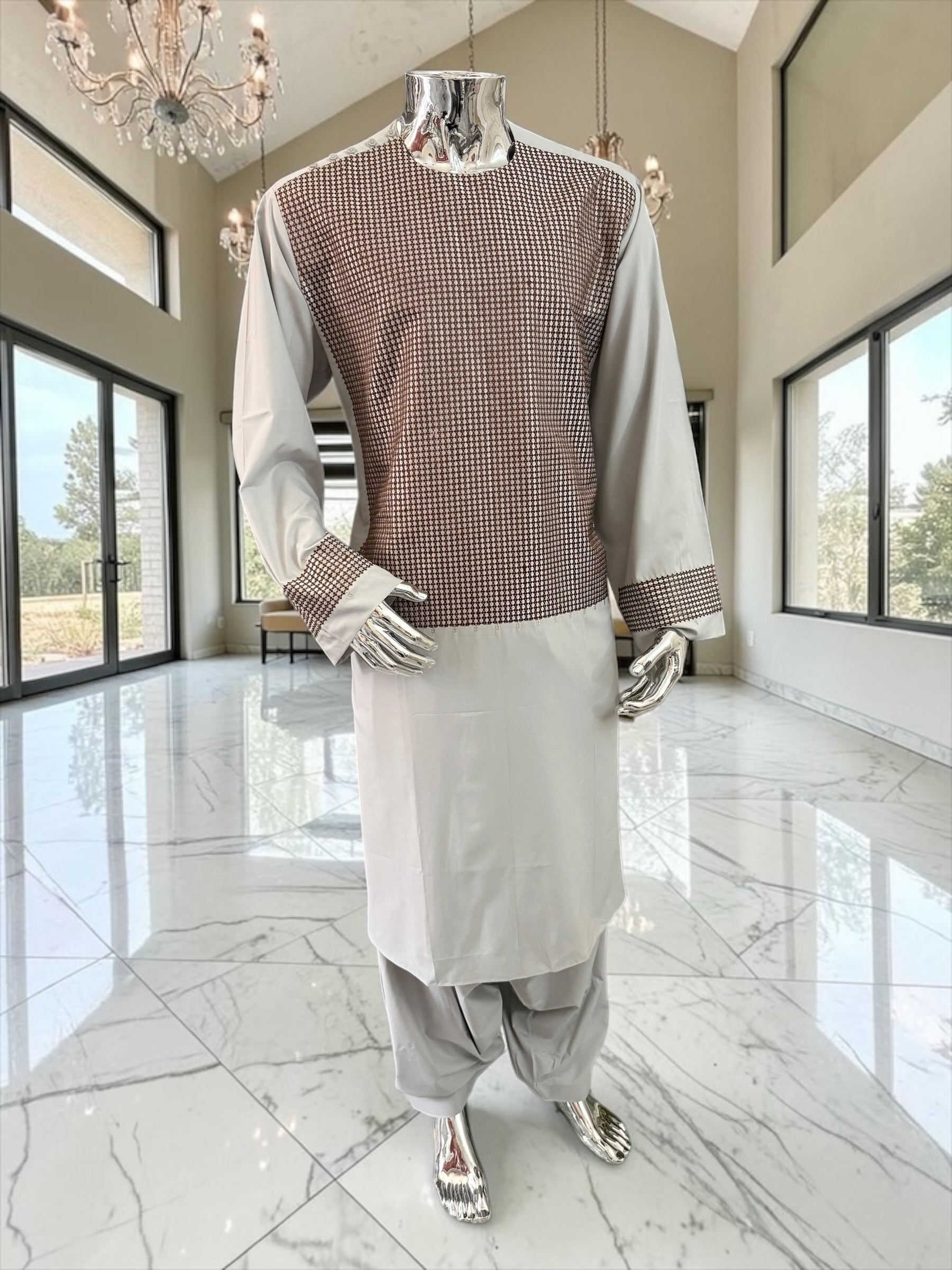X-Large Premium Gray Parahan Tunban Set with Brown Machine Embroidery