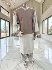 X-Large Premium Gray Parahan Tunban Set with Brown Machine Embroidery