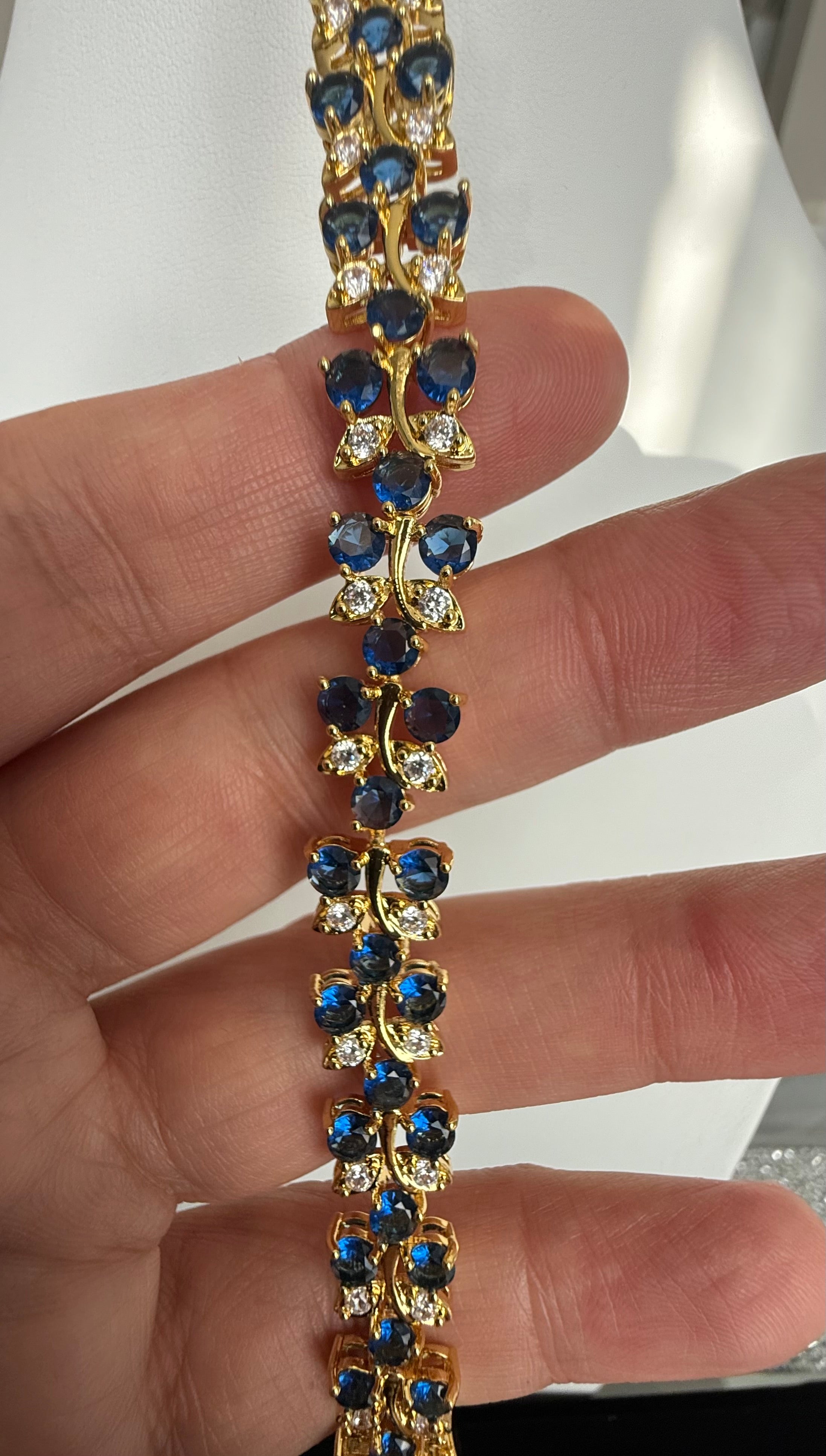 Sapphire Blue Butterfly Crystal Bracelet – Gold Tone Rhinestone Statement Jewelry 7081
