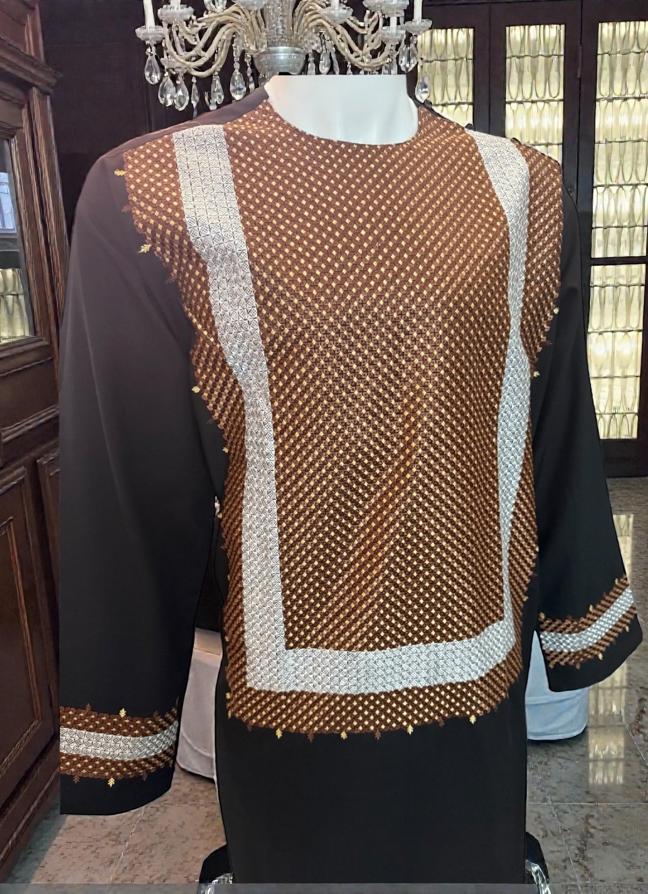 X-Large Black Afghan Parahan Tunban for Men with Machine Embroidery