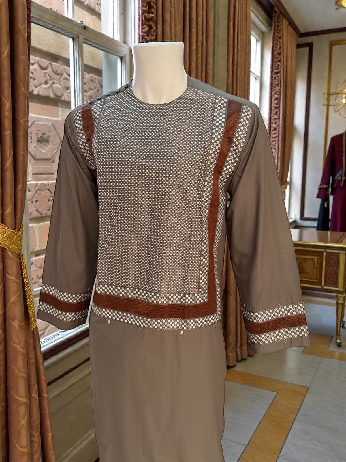 Large Taupe Brown Afghan Parahan Tunban with Machine Embroidered Chestnut & White Geometric Panel – Men’s Traditional Wear