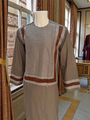 Large Taupe Brown Afghan Parahan Tunban with Machine Embroidered Chestnut & White Geometric Panel – Men’s Traditional Wear