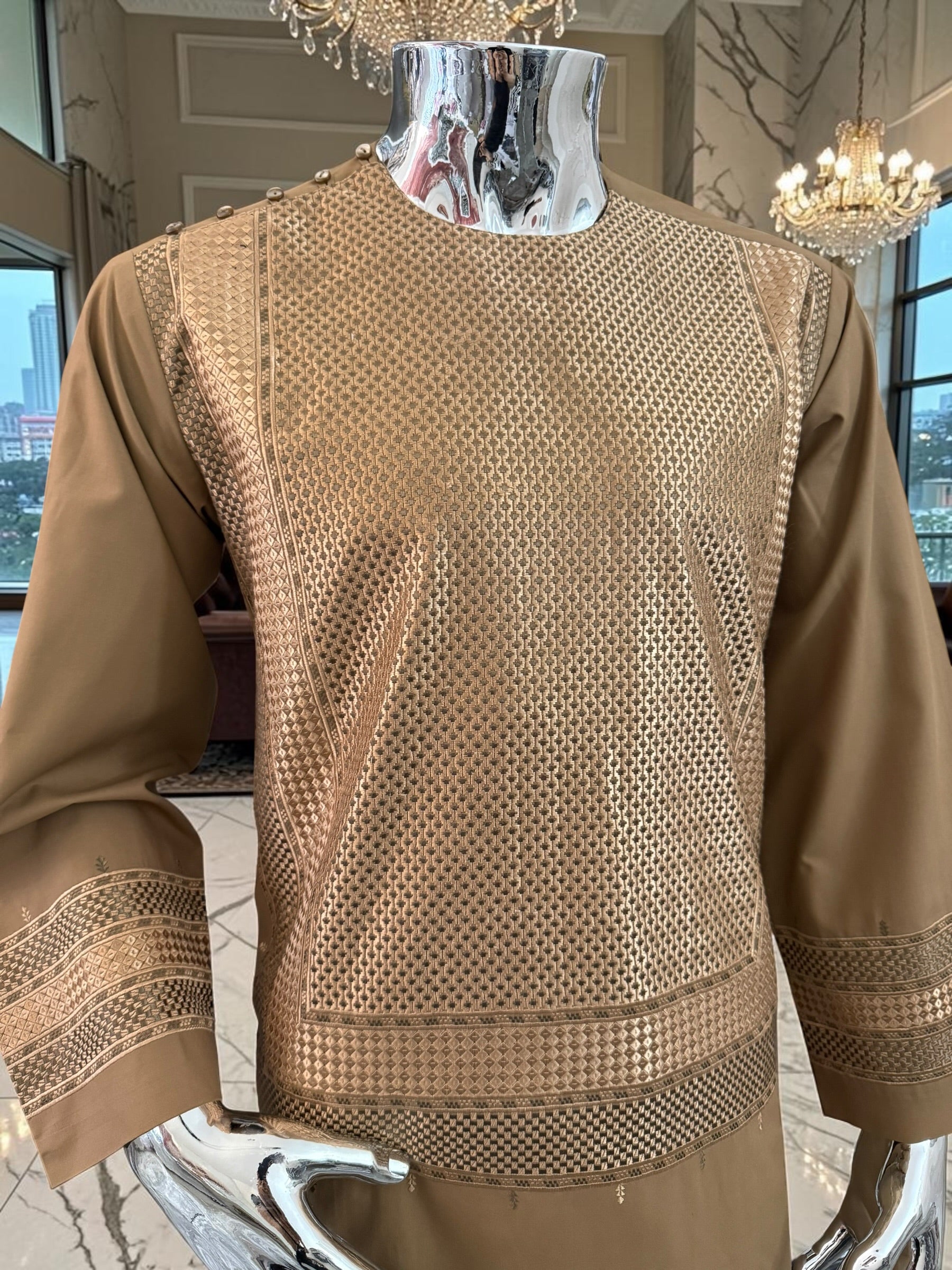 Medium Men’s Premium Camel Brown Parahan Tunban – Luxury Machine Embroidery Afghan Outfit