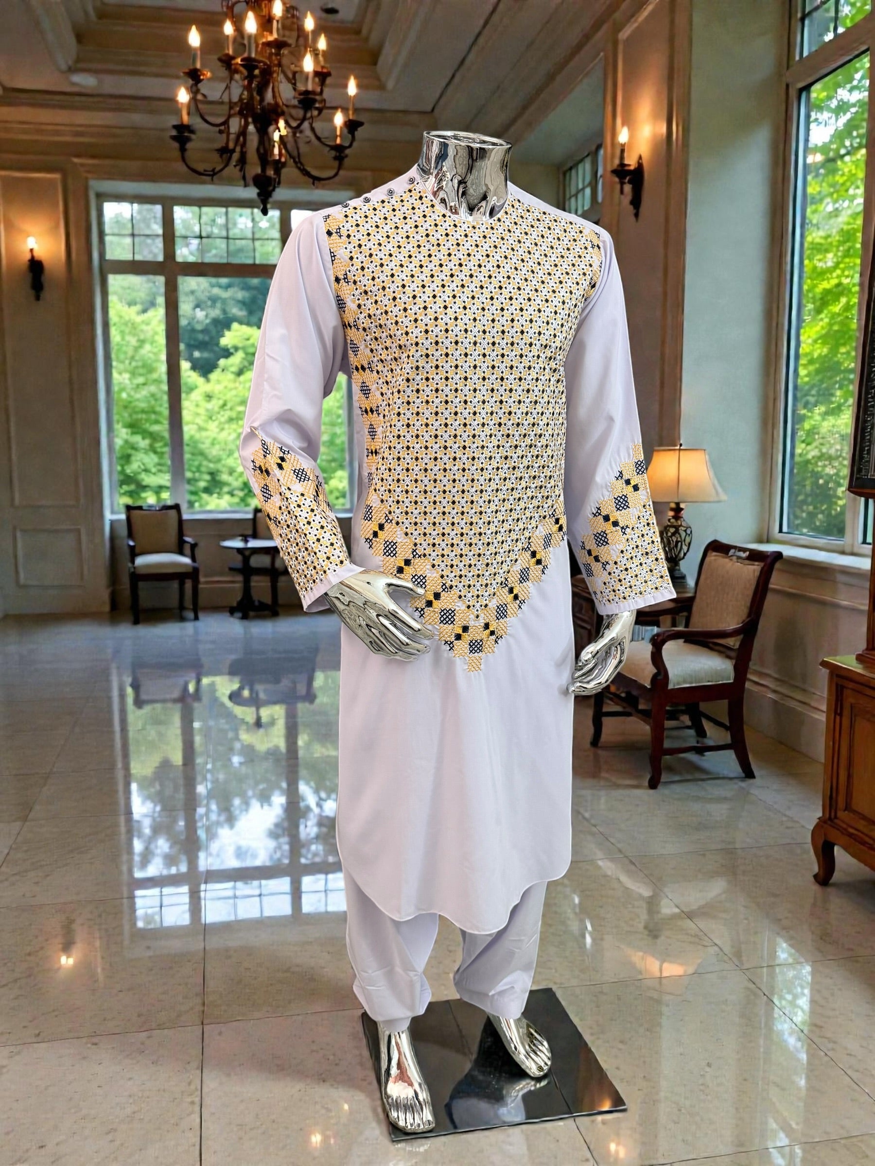 Men’s White Kameez with Gold and Navy Blue Machine Embroidery – Small Tall Size | Afghan Traditional Wear | Luqmaan Boutique