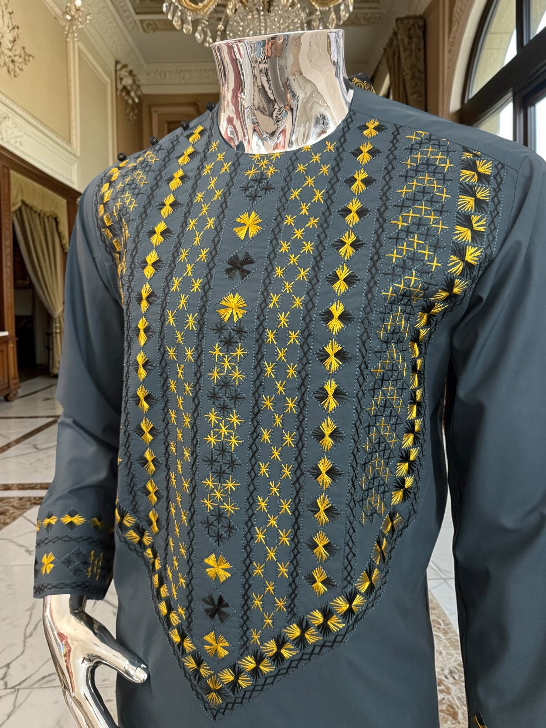 Medium Men’s Afghan Parahan Tunban Set – Dark Slate Blue with Premium Gold & Black Hand Embroidery with Chadder/patto