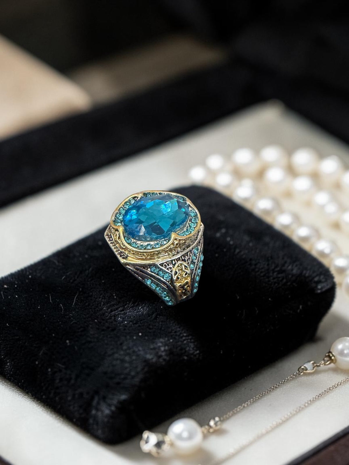 Men’s Vintage Blue Crystal Statement Ring – Silver Plated Ottoman Turkish Style Gemstone Ring G3