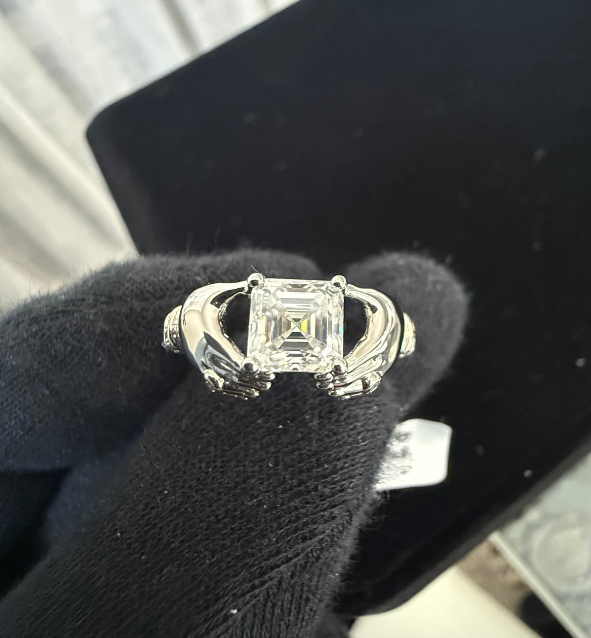 Size 7 Sterling Silver Asscher Cut Moissanite Engagement Ring – Modern Bypass Solitaire.   6015