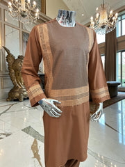Medium Copper Brown Afghan Shalwar Kameez with Gold Embroidery | Premium Men’s Traditional Wear