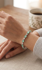 Mint Green Oval Crystal Link Bracelet – Silver-Tone Floral Accent Bracelet for Women 7125