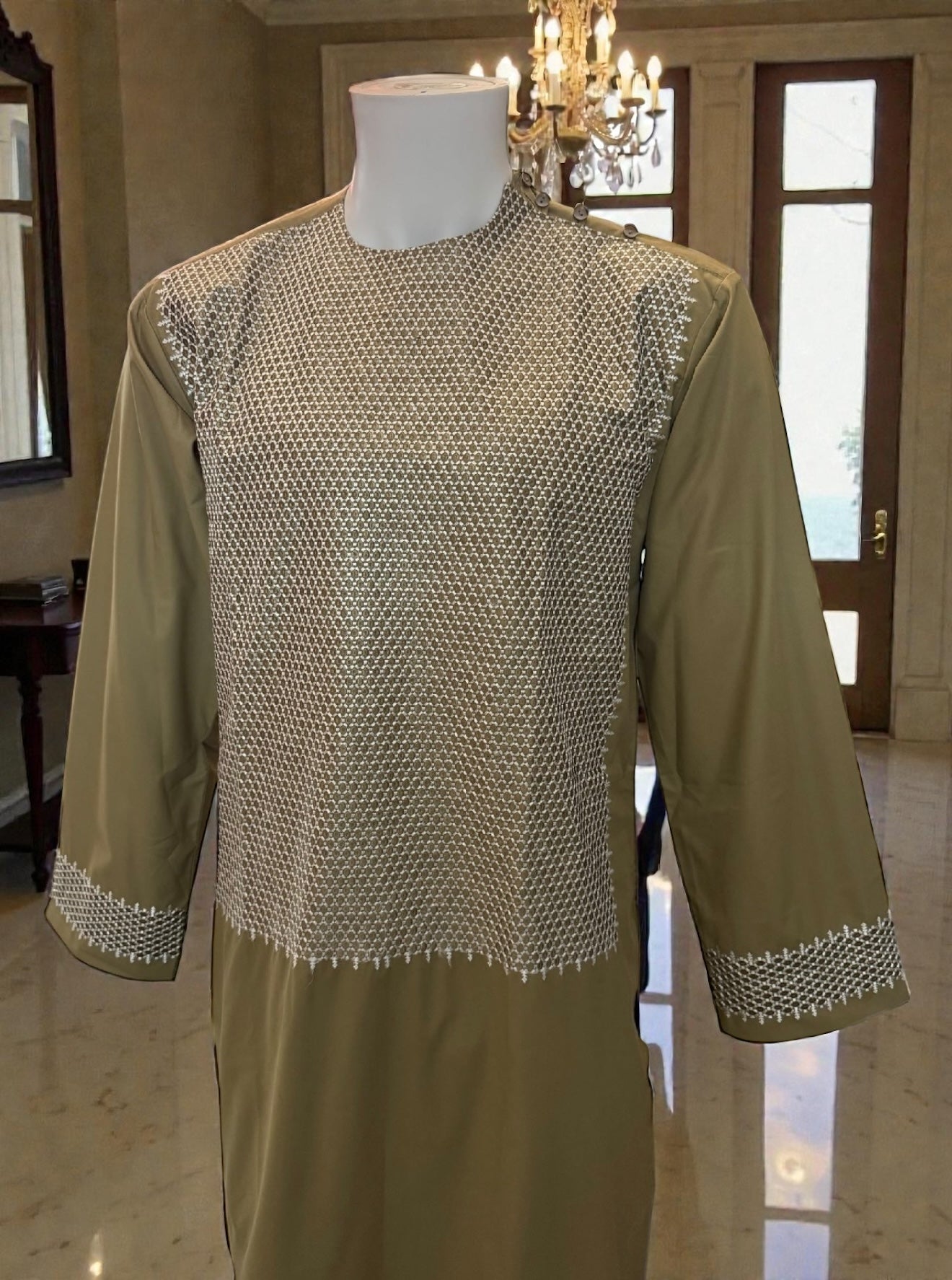 Medium Khaki Green Afghan Parahan Tunban for Men with Machine Embroidery
