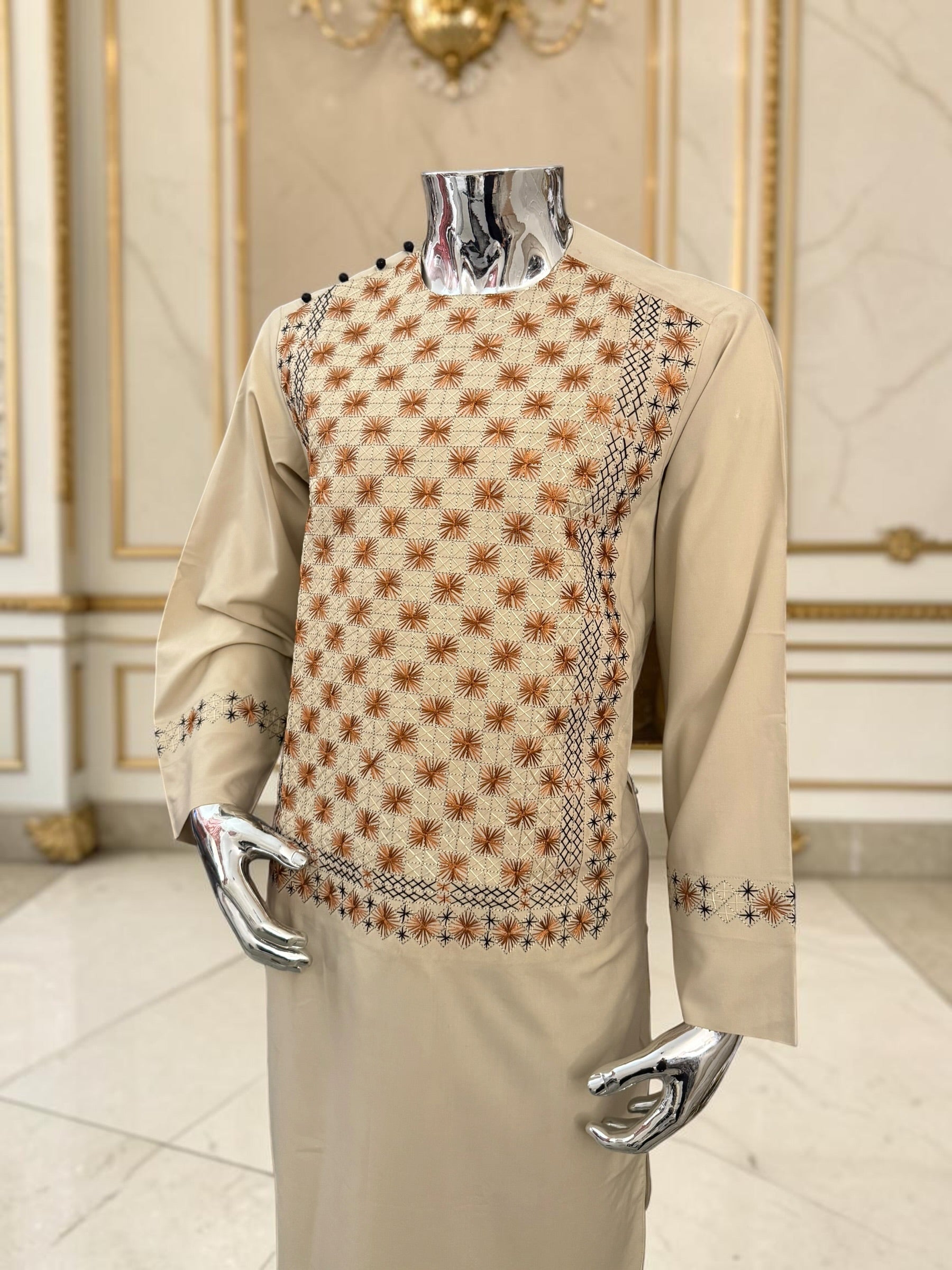 Men’s Cream Hand-Embroidered Afghan Parahan Tunban with Shawl – 3-Piece Set 5023