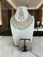 Aqua Blue Kundan Bridal Jewelry Set with Earrings & Maang Tikka | Rose Gold Indian Pakistani Afghan Wedding Necklace | Jewelry Gift Box Included 6045