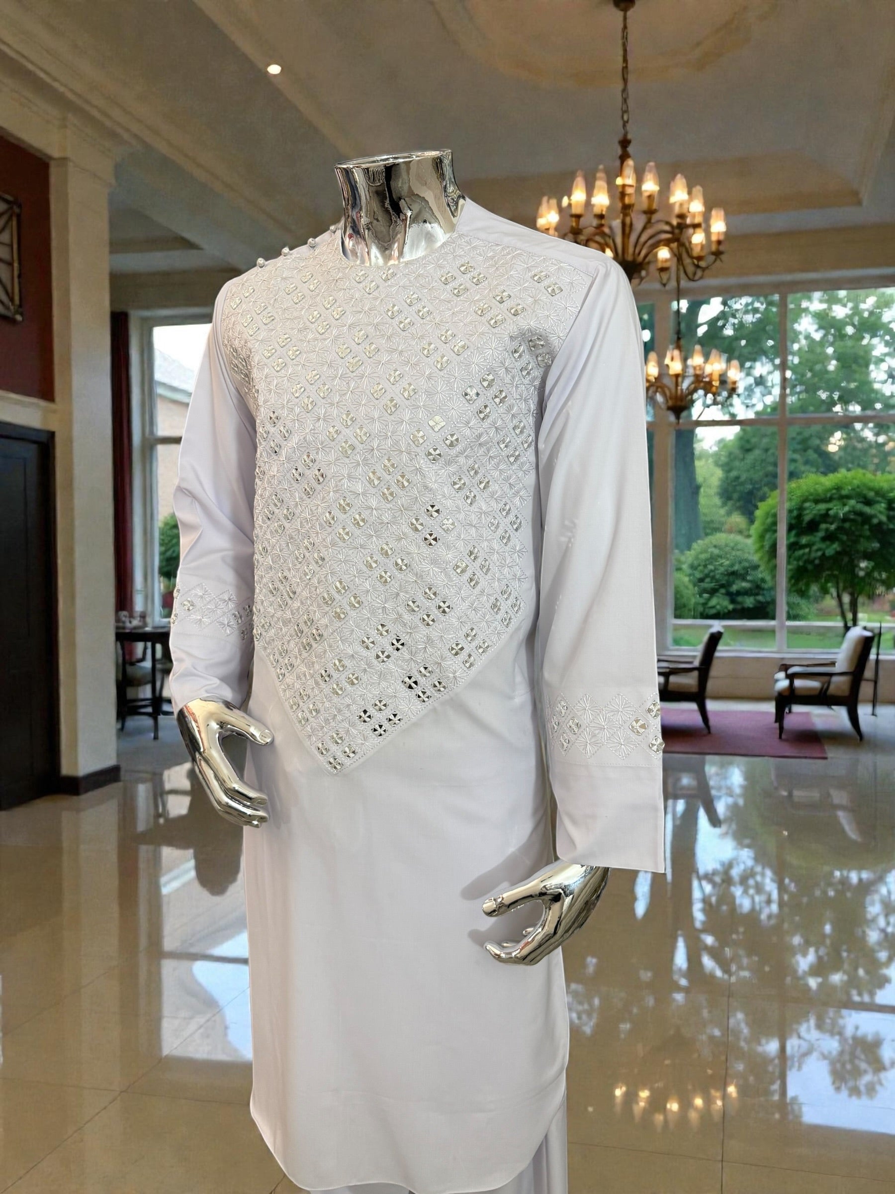 Medium Men’s White Afghan Groom Outfit – 3-Piece Elegant Set