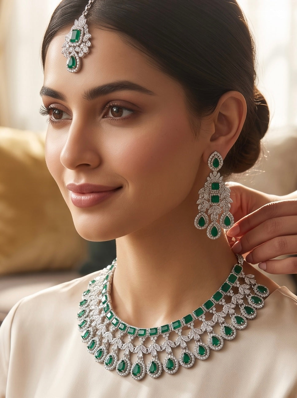 Silver-Tone AD Bridal Necklace Set with Earrings & Maang Tikka – 8 Colors