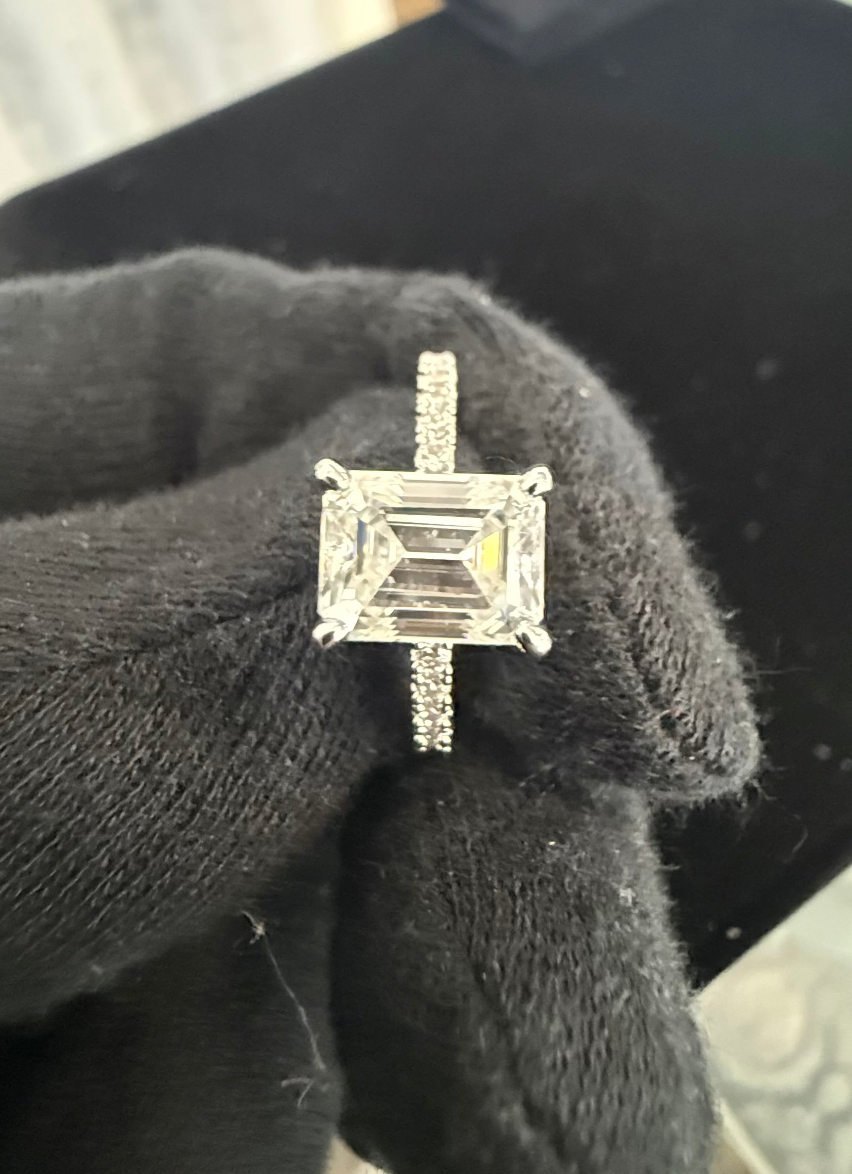 Size 6 Emerald Cut Moissanite Engagement Ring in Sterling Silver – 4 Prong Pavé Band.   6016