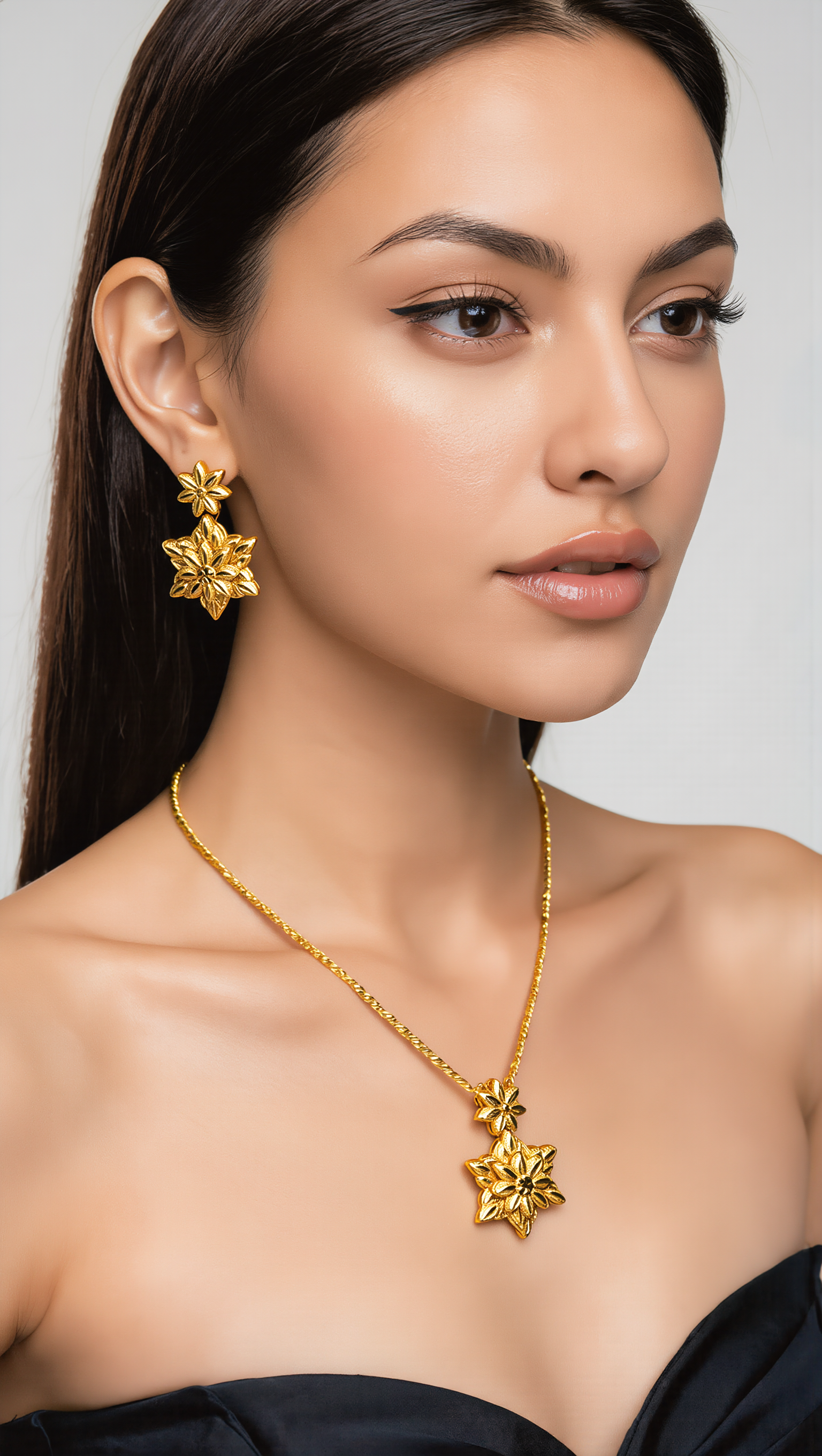 Gold Plated Brass Floral Pendant Necklace & Dangle Earrings Set for Women | Traditional Flower Jewelry Set 6091
