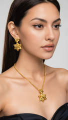 Gold Plated Brass Floral Pendant Necklace & Dangle Earrings Set for Women | Traditional Flower Jewelry Set 6091