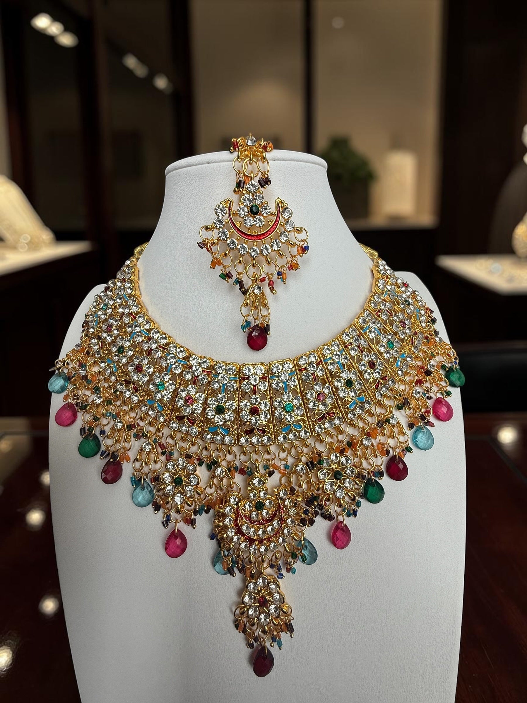 Multicolor Kundan Bridal Jewelry Set – Gold Tone Indian Pakistani Afghan Wedding Necklace Set with Earrings & Maang Tikka | Jewelry Gift Box Included 7015