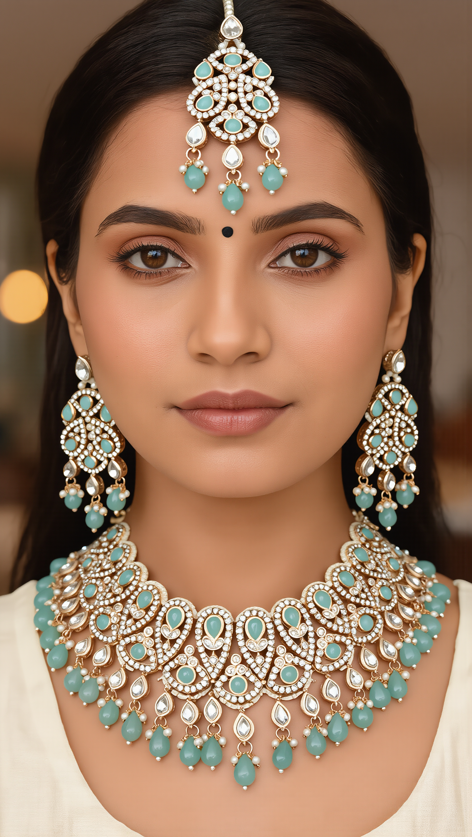 Aqua Blue Kundan Bridal Jewelry Set with Earrings & Maang Tikka | Rose Gold Indian Pakistani Afghan Wedding Necklace | Jewelry Gift Box Included 6045