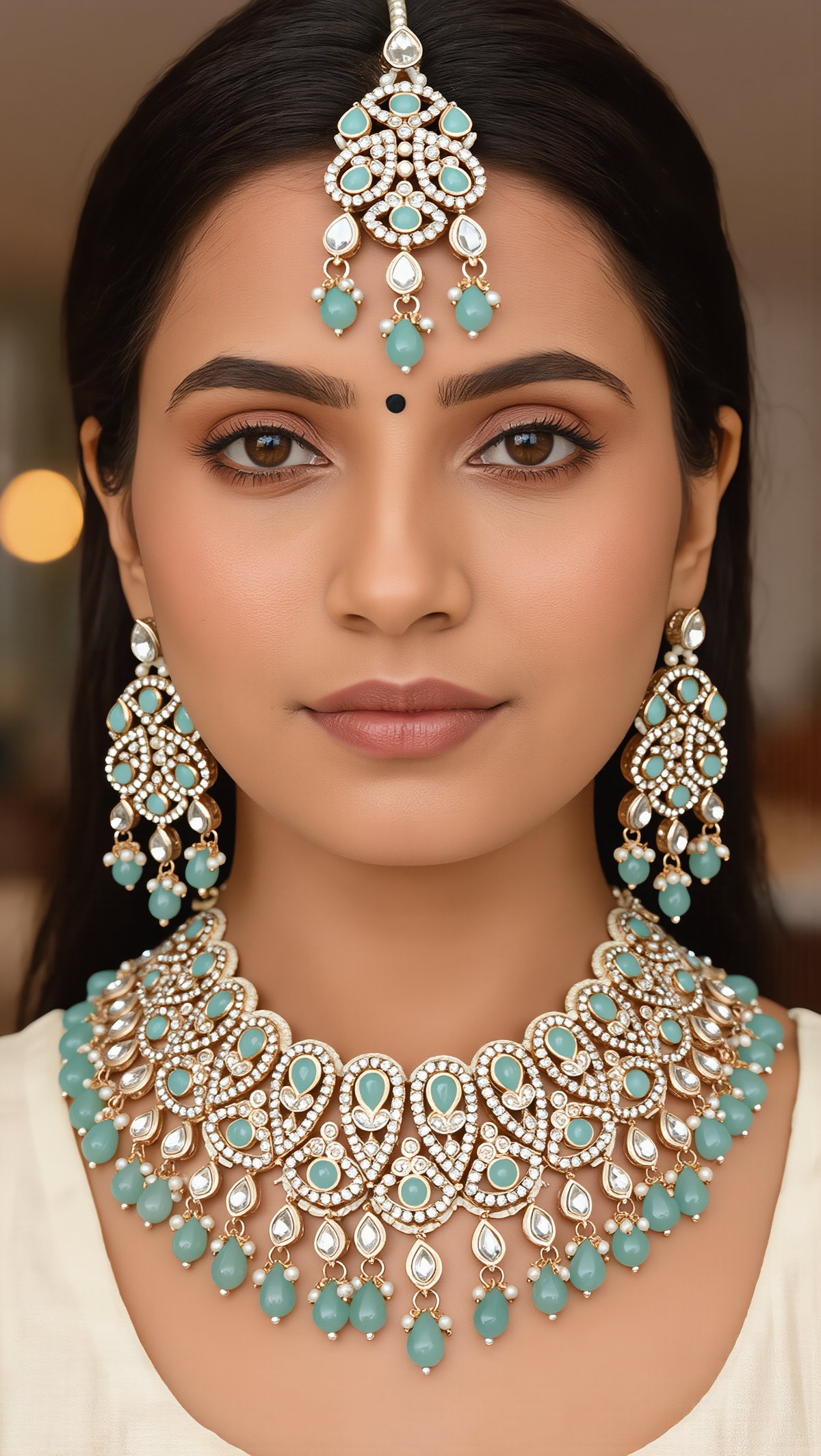 Aqua Blue Kundan Bridal Jewelry Set with Earrings & Maang Tikka | Rose Gold Indian Pakistani Afghan Wedding Necklace | Jewelry Gift Box Included 6045
