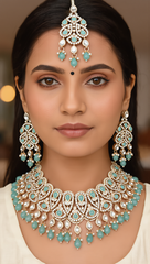 Aqua Blue Kundan Bridal Jewelry Set with Earrings & Maang Tikka | Rose Gold Indian Pakistani Afghan Wedding Necklace | Jewelry Gift Box Included 6045
