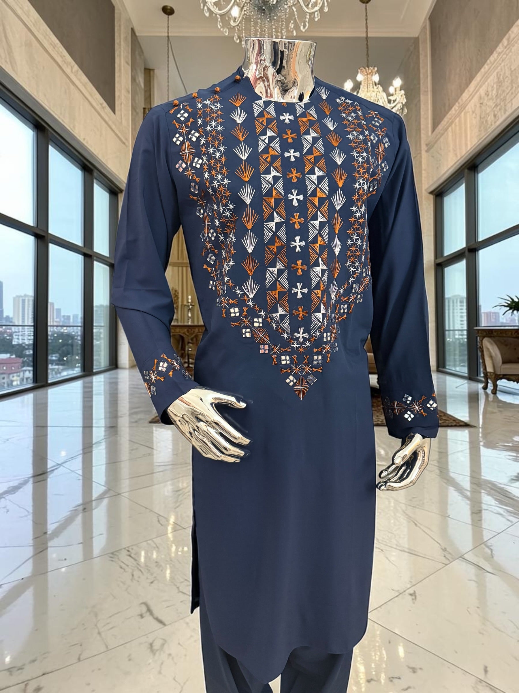 Medium Navy Blue Afghan Men’s Parahan Tunban Set – Hand Embroidery & Mirror Work with Matching Chadder/patto