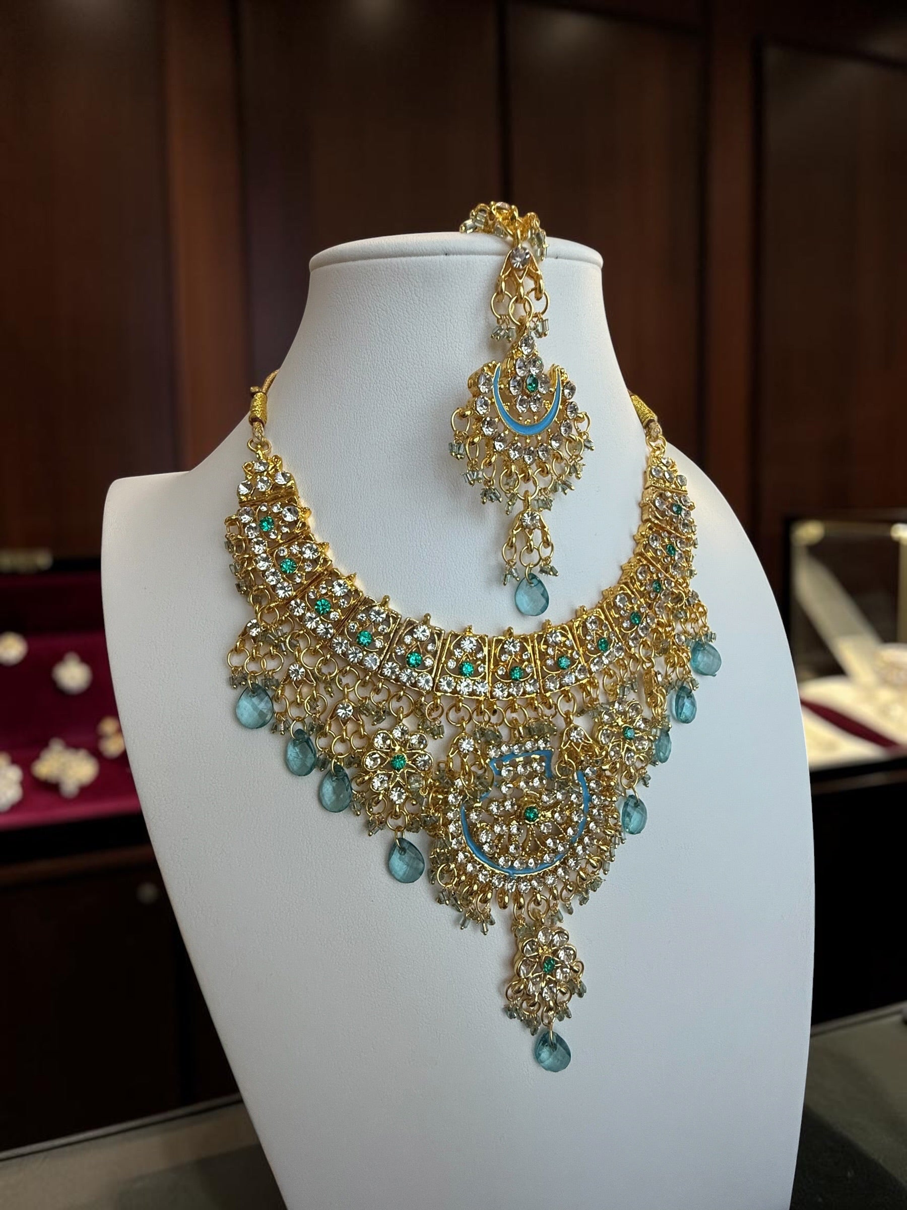 Aqua Blue Indian Pakistani Afghan Bridal Jewelry Set with Earrings & Maang Tikka | Gold Tone Crystal Rhinestone Necklace Set | Gift Box Included 7011