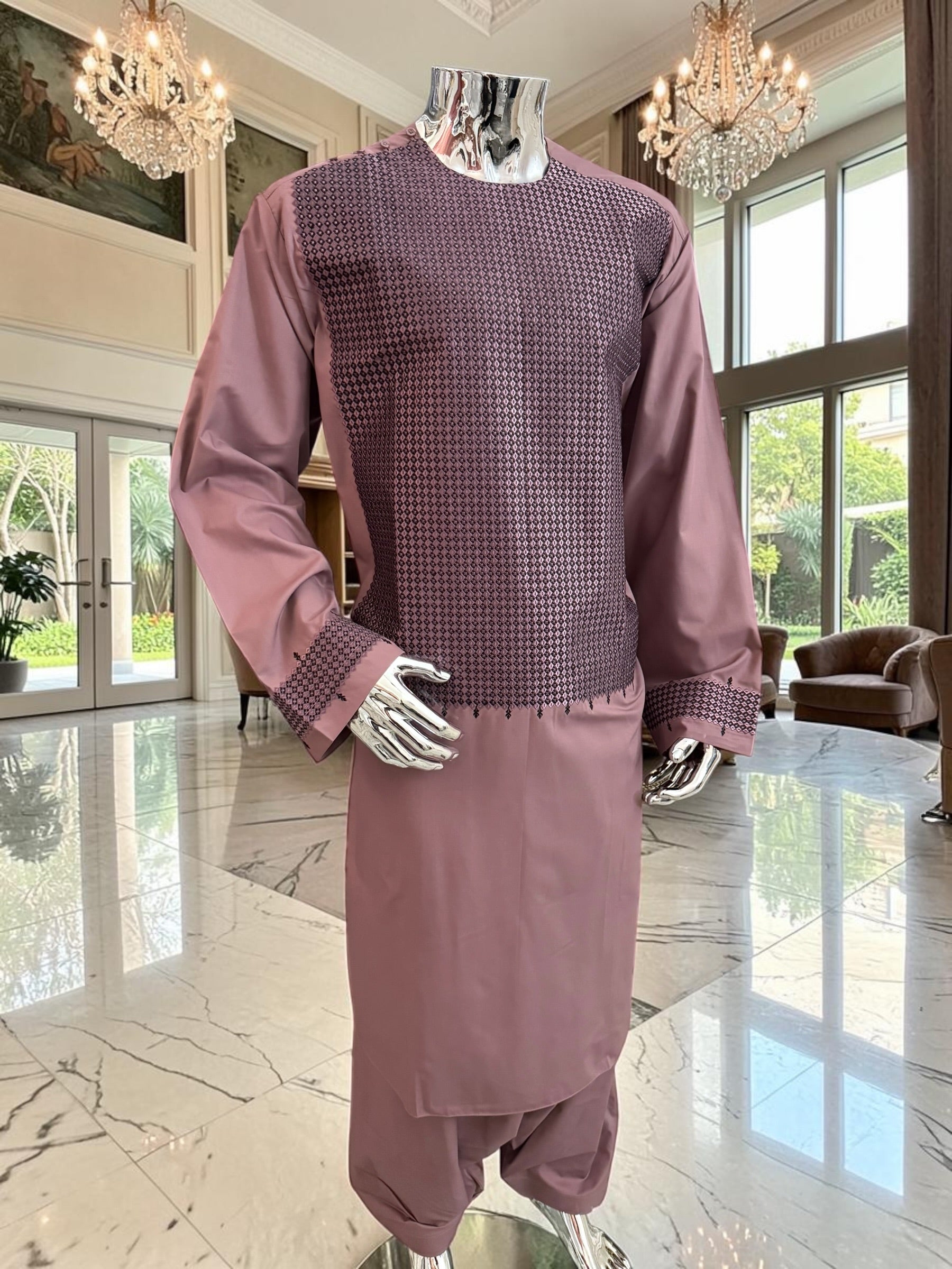 XL Dusty Rose Afghan Parahan Tunban with Machine Embroidery