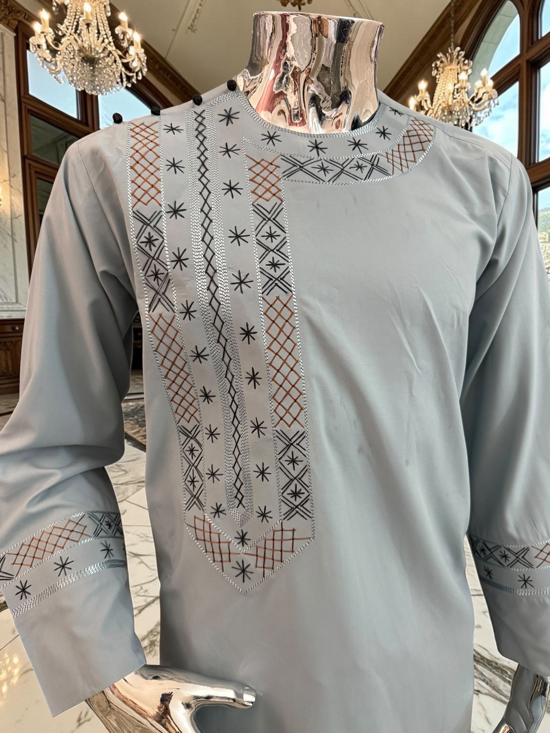 Small Men’s Hand Embroidered Afghan Parahan Tunban Set with Matching Shawl – Soft Silver green  Traditional Outfit