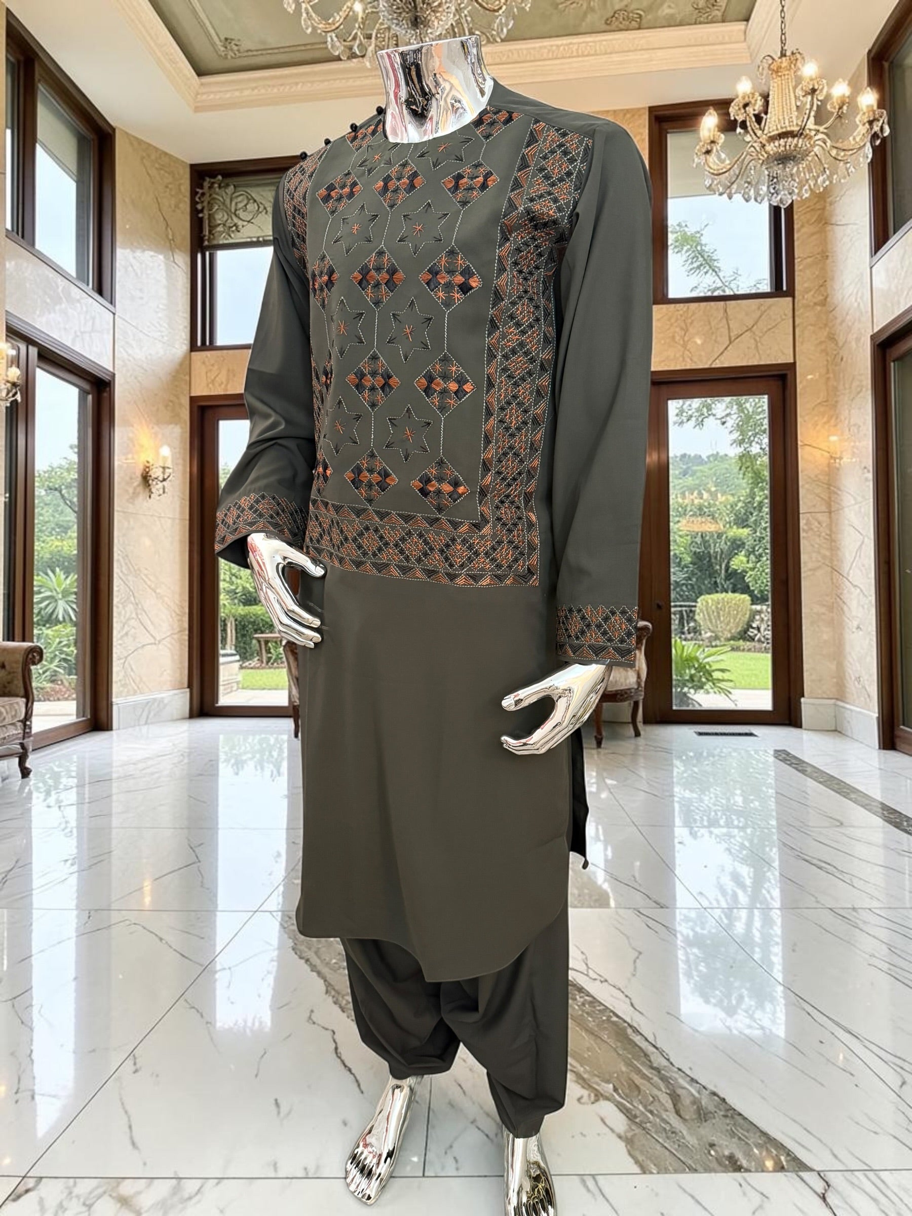 Large Hand Embroidered Dark Green Afghan Parahan Tunban Set with Matching Chadder