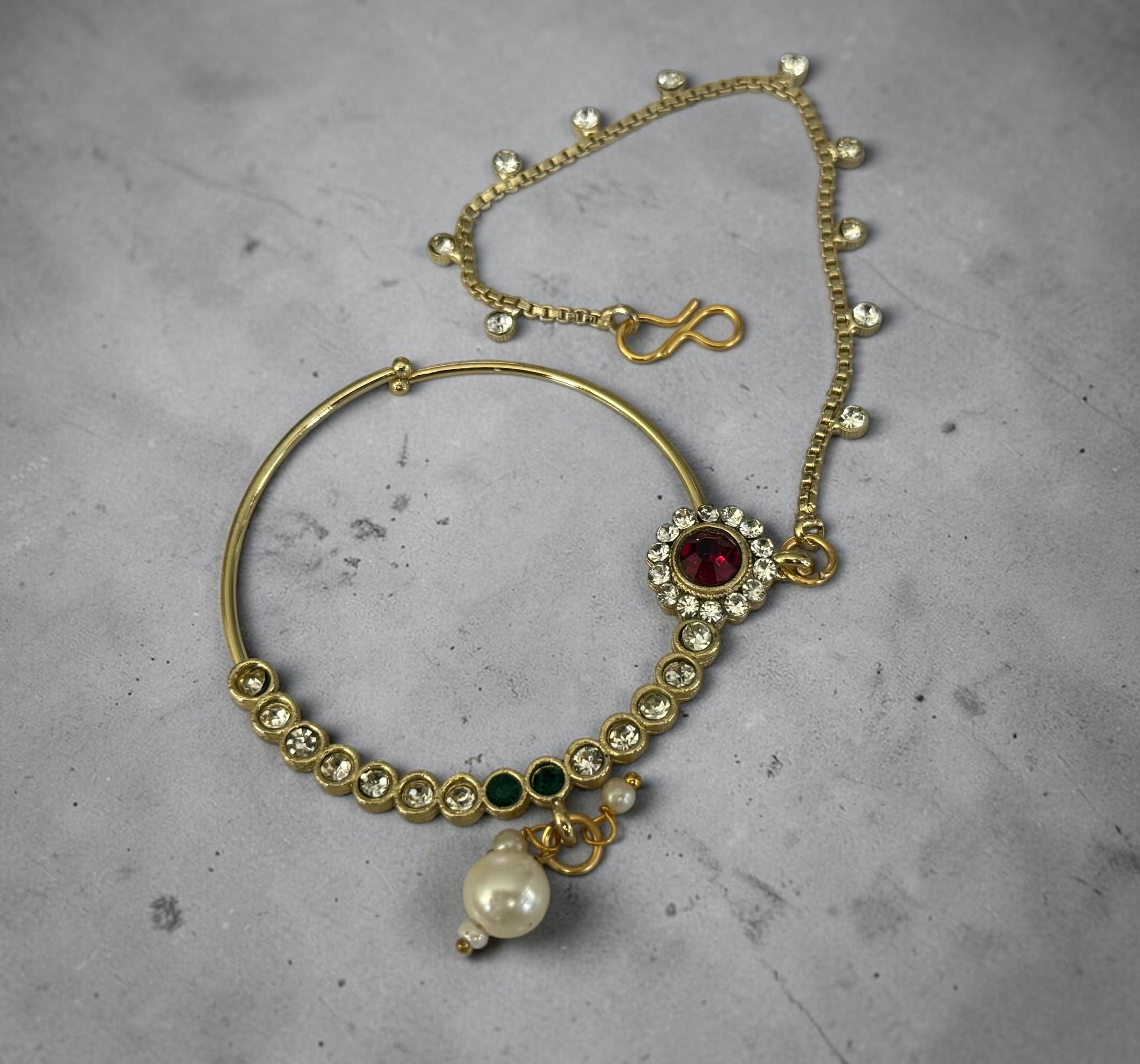 6-Piece Gold-Tone Kundan Full Bridal Jewelry Set with Necklace, Earrings, Nose Ring, Sheeshphool & Ring Bracelets 029