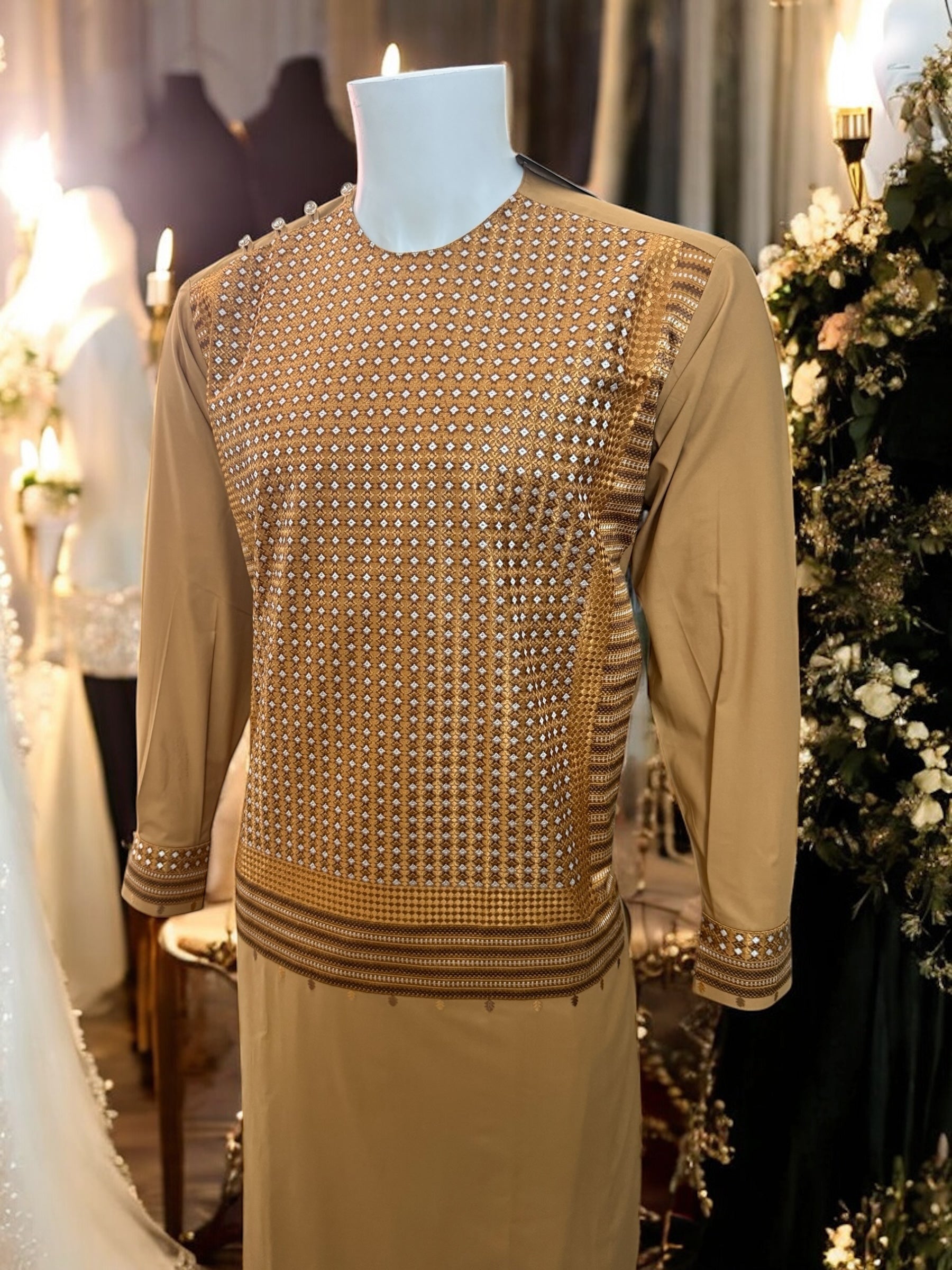 Afghan Parahan Tunban for Men Machine Embroidered Beige Gold Traditional Wear Medium