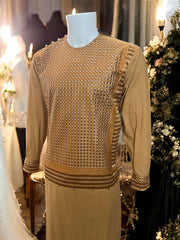 Afghan Parahan Tunban for Men Machine Embroidered Beige Gold Traditional Wear Medium
