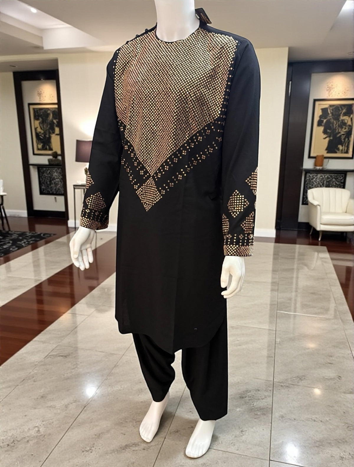 Men’s Black Parahan Tunban – Luxury Gold Shesha (Mirror) Work Chest & Sleeve Design | Afghan Traditional Outfit XL