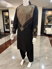 Men’s Black Parahan Tunban – Luxury Gold Shesha (Mirror) Work Chest & Sleeve Design | Afghan Traditional Outfit XL
